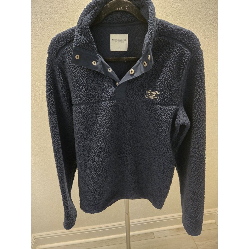 Abercrombie & Fitch Sherpa Fleece Pullover Snap Mock Neck Sweater Navy Blue S